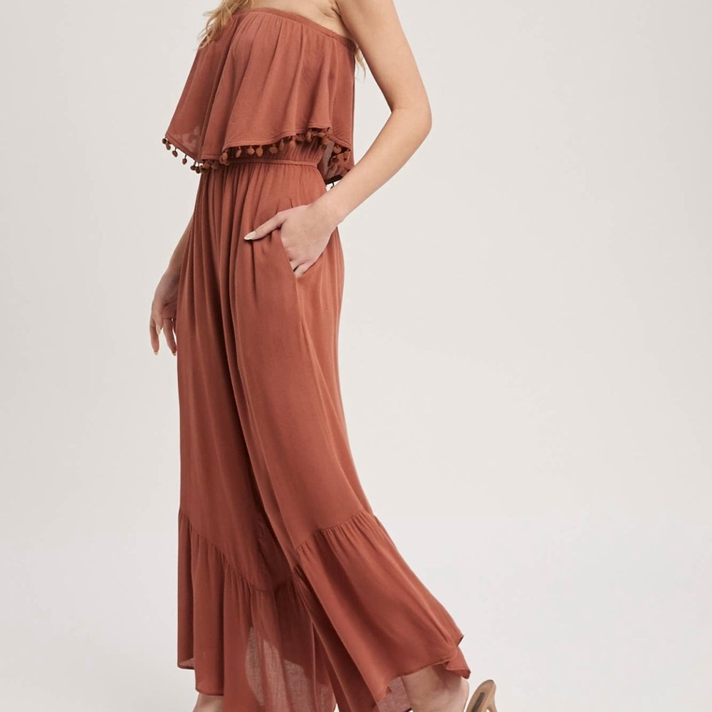 Pom Pom trim boho jumpsuit in Rosewood color